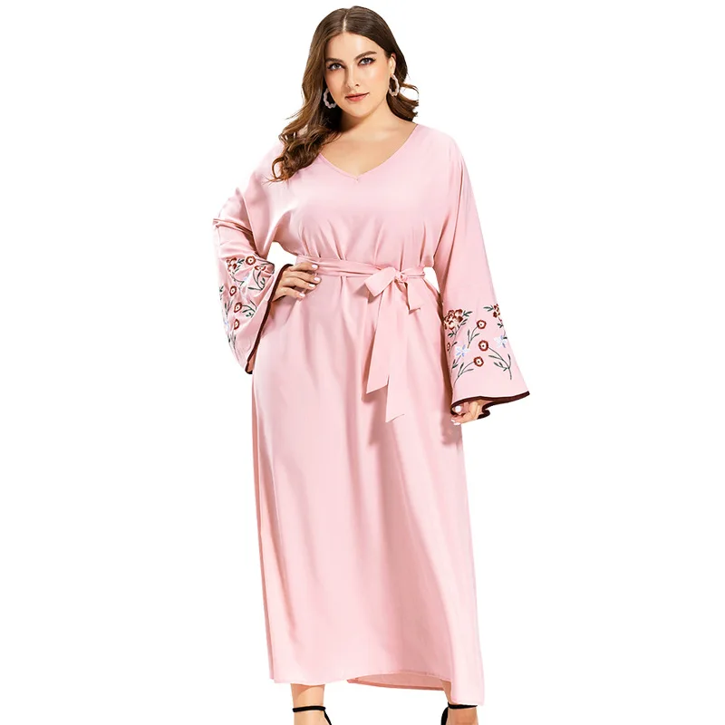 

2020 European and American Women's Dress Autumn New Solid Color Large Size Dress Horn Sleeve Loose Embroidered Lace-up Dresses