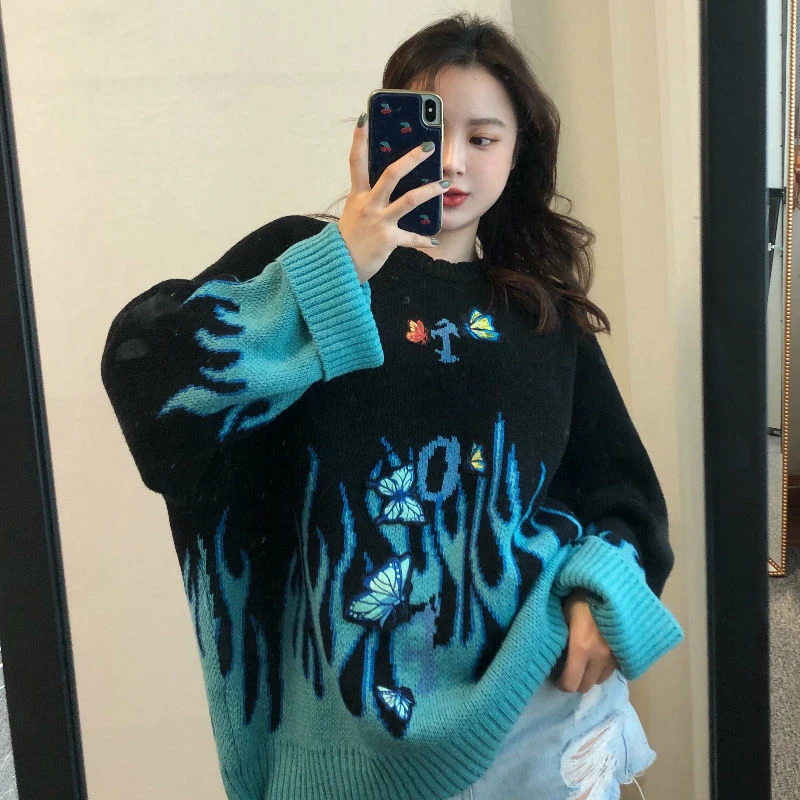 

2020 Autumn Winter Harajuku Flame Knit Sweater Butterfly Applique Womens Pullover Casual Loose Sweater Women Man Streetwear