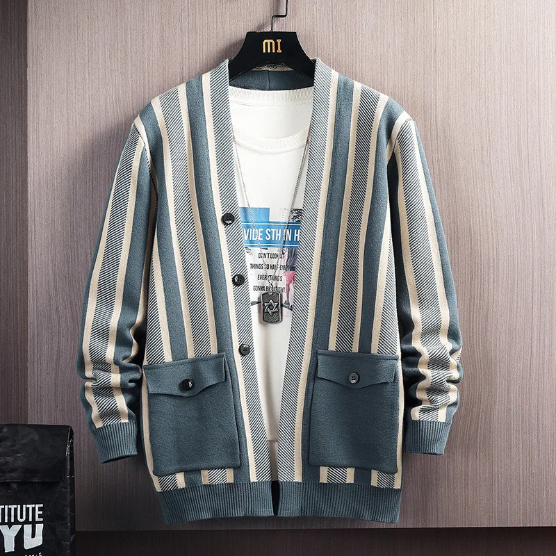

EBAIHUI Knitted Cardigan Striped V-neck Single-breasted Patchwork Pockets Korean Fashion Sweater Coat Thick Outerwear Jumper