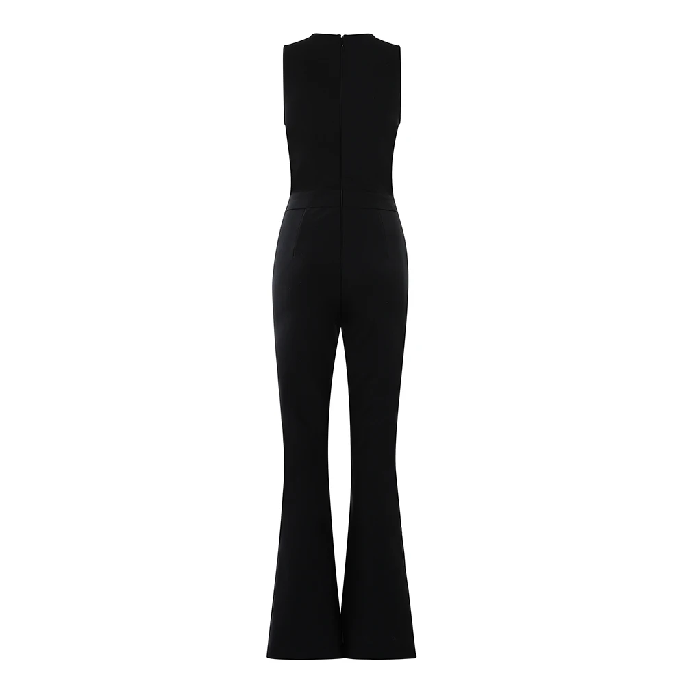 

2019 New Style Summer Jumpsuit Fashion Women Bodycon Hollow out Sexy Lady Chic Round Neck Sleeveless Bandage Jumpsuit Long Black