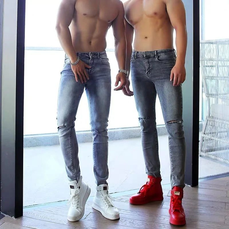 Модные мужские облегающие джинсы с рисунком Прямые рваные потертые