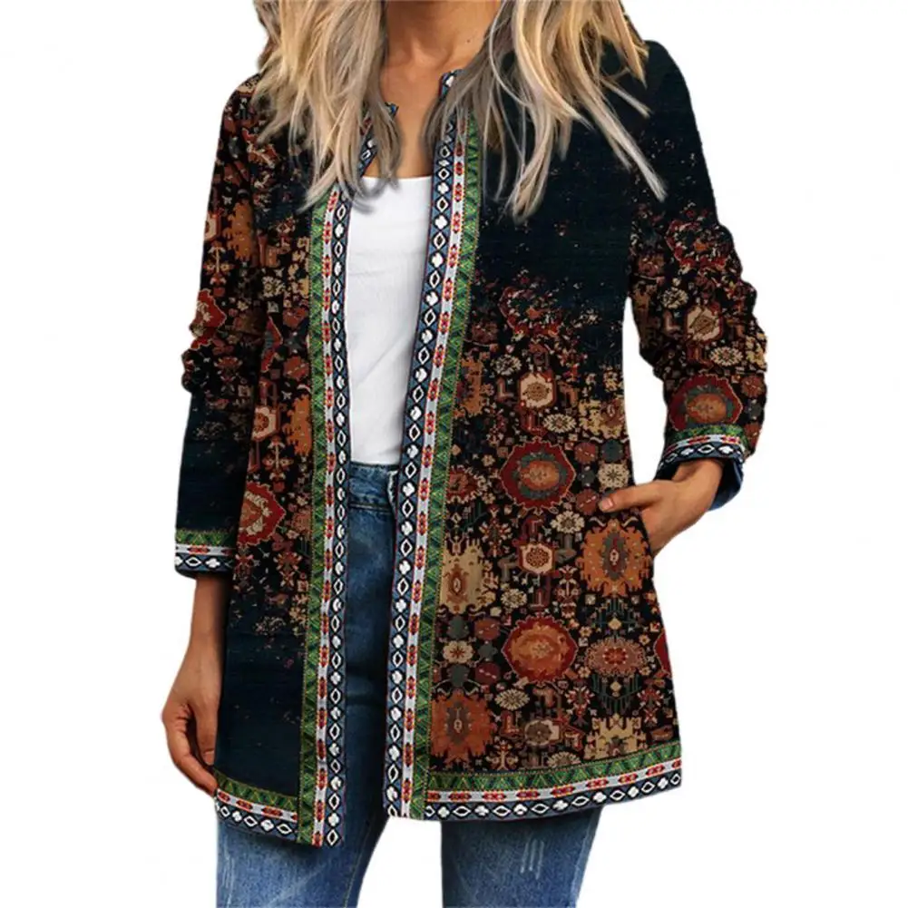 

2021 Autumn Winter Cardigan Women's Vintage Ethnic Floral Printed Long Sleeve Tunic Jackets Ladies Loose Outerwear Chic Top Coat