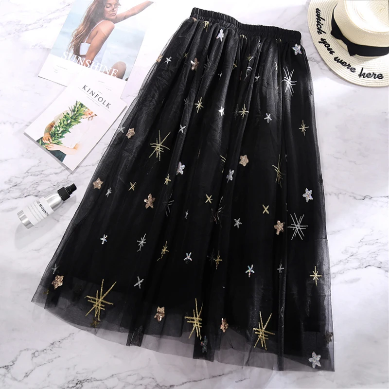 Плиссированная длинная сетчатая юбка с блестками и вышивкой звезд металлик