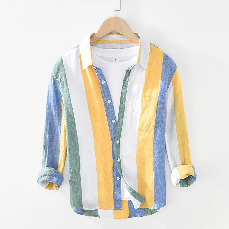 

Men Clothing 2021 Men's Linen Long-sleeved Shirt Youth Art Fresh Loose Striped Lapel Shirt Camisas Para Hombre