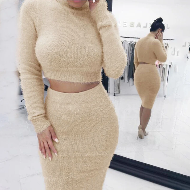 

2 Pieces Set Sweaters Women Autumn Women set Turtleneck Sweaters Top Knee-Length Skirt Women clothing Two Piece Set
