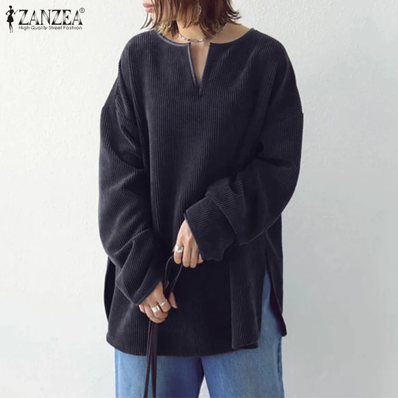 

ZANZEA Female Stylish Corduroy Autumn Blouses Casual Long Sleeve Blusas Women V Neck Pullovers Split Baggy Tunic Tops Oversized