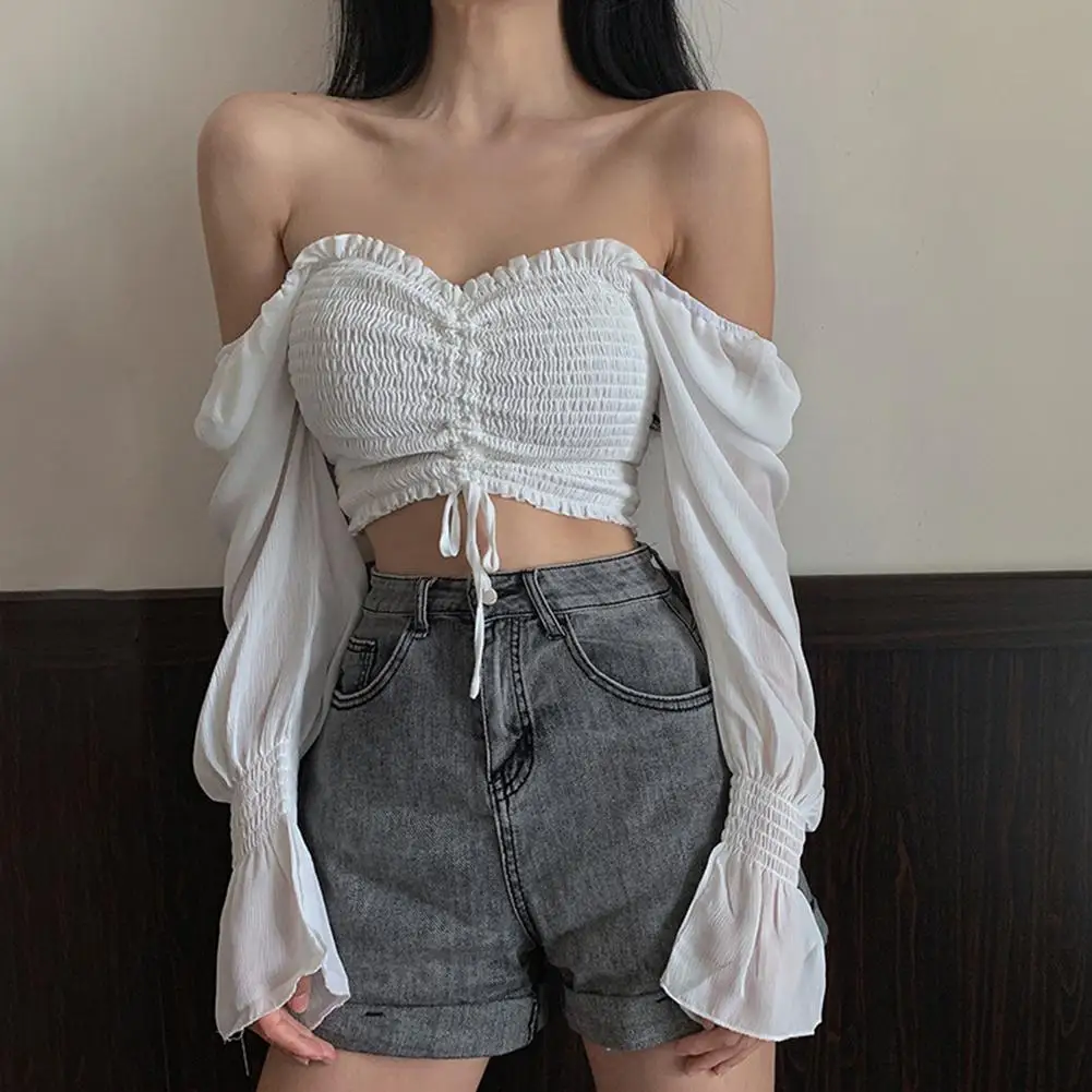Sexy Top Women Long Sleeve Square Neck Shirt Drawstring Off Shoulder Blouse Crop Top Shorts Elastic Waist Off Shoulder Blouse