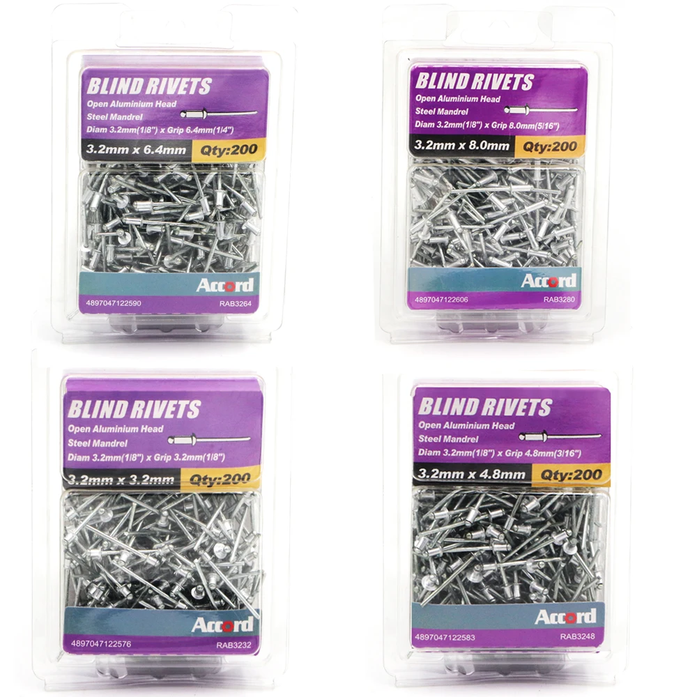 

ACCORD 200PCS 3.2mm (1/8")*3.2mm 4.8mm 6.4mm 8mm Blind Rivet Aluminum Tool Set For Supermarket Wholesale Steel Mandrel