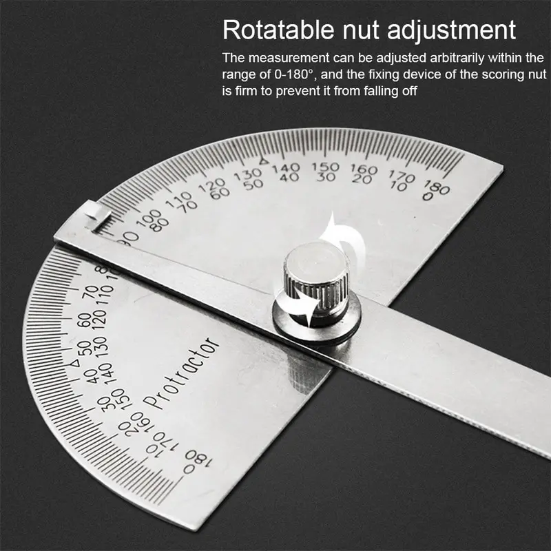 

Angle Protractor Stainless Steel Angle Finder Tool Craftsman Ruler with Round Head 180 Degree 150mm-198mm Arm Silver