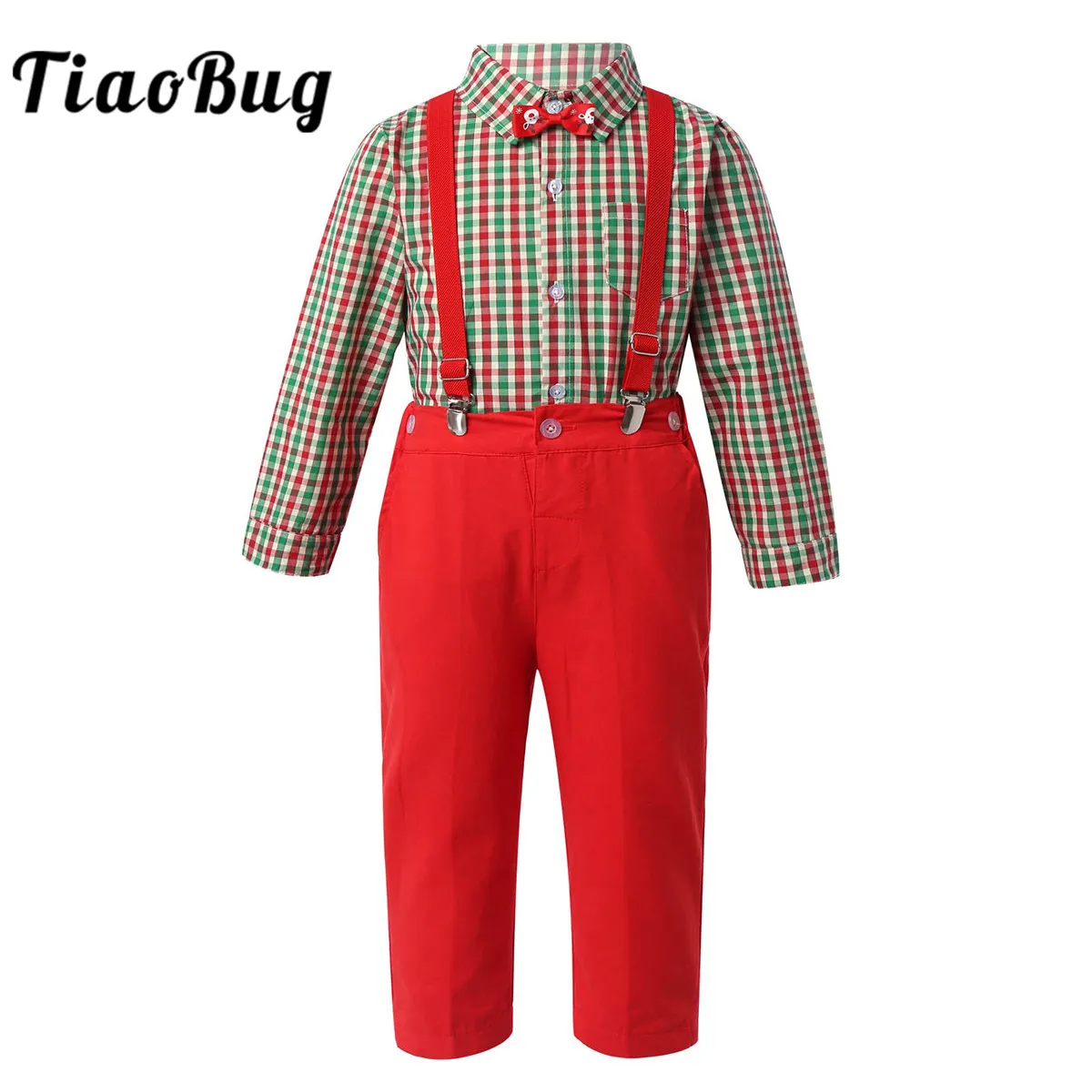 4Pcs Boys Gentleman Suits Kids Cosplay Costume Christmas Party Clothes Outfits Bowtie Long Sleeve Plaid Shirt + Suspenders Pants