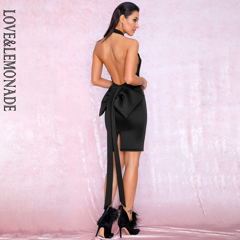 Женское облегающее платье LOVE & LEMONADE черное с воротником стойкой открытой спиной и