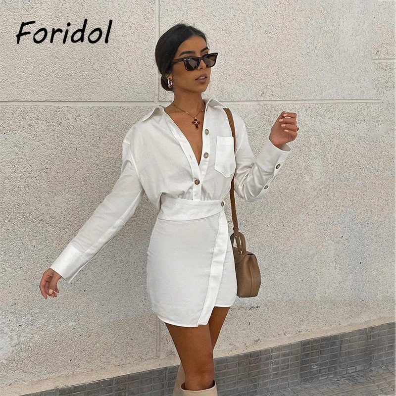 

Foridol Belt Button Up Casual Shirt Dress Women Elegant Office Ladies Spring Autumn White Dress Vestido for Women 2021 New Dress