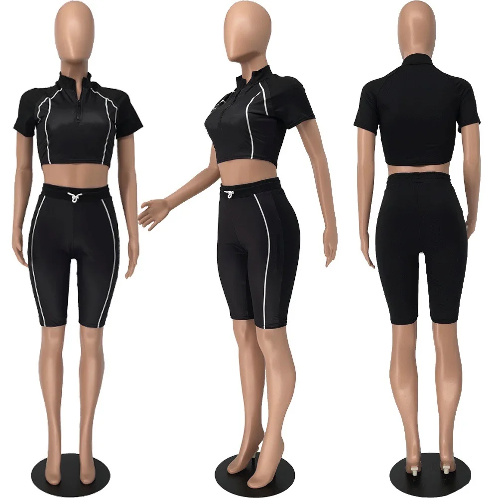 

Summer New Ladies' Simple Solid Color Zipper Leisure Sports Slim Shaping Suit