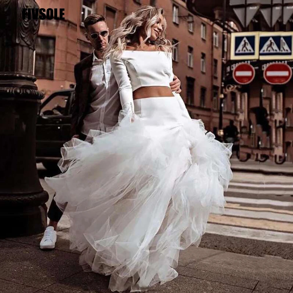 

Fivsole Two Pieces Long Sleeves Tulle Boho Wedding Dress Mermaid Boat Neck Floor Length Beach Princess Bride Dress For Marriage