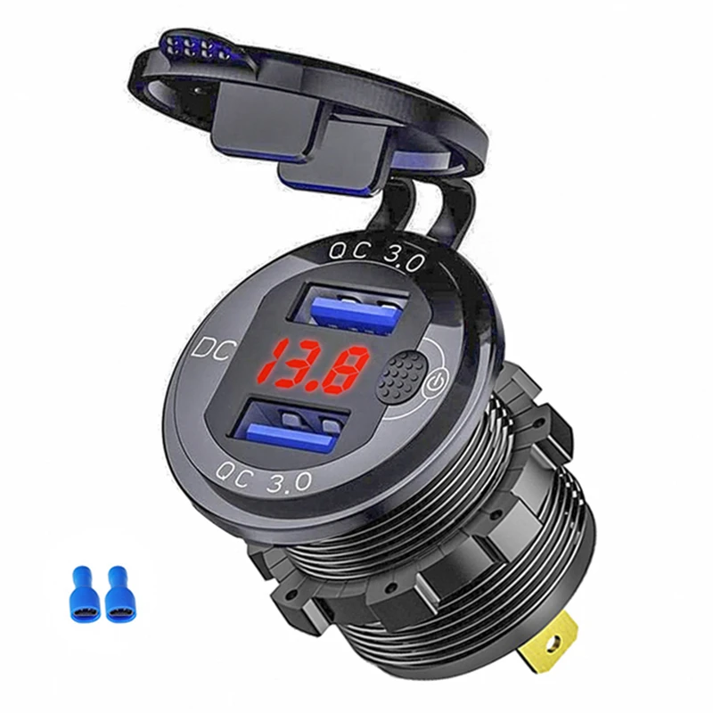 Quick Charge 3.0 36W Car Dual USB Charger QC3.0 Aluminiun Waterproof with Voltmeter Switch for 12V/24V Motorcycle Boat Marine RV |