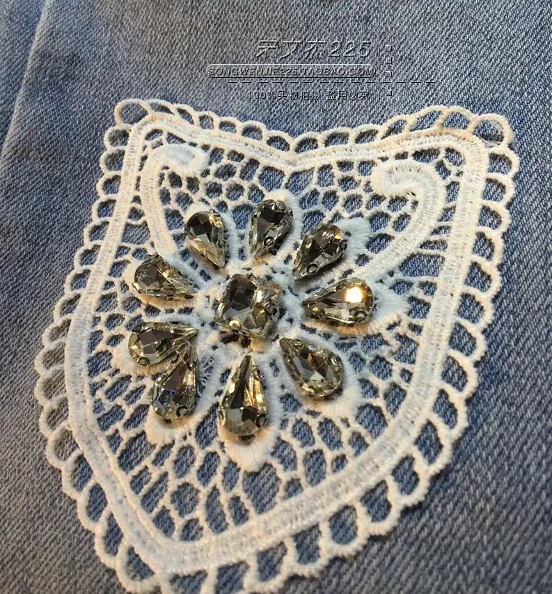 

New Fashion splicing diamond-studded beaded crochet lace high waist slim stretch jeans Women straight denim pants s821