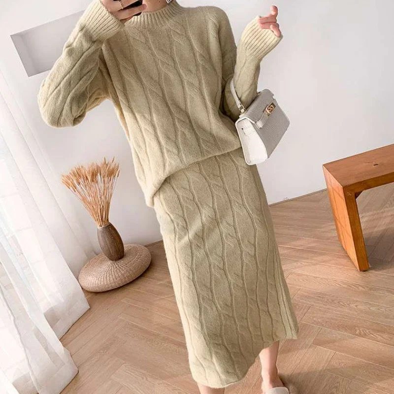 JSXDHK нового размера плюс для осени и зимы Вязанная Женский комплект 2 шт. розовый