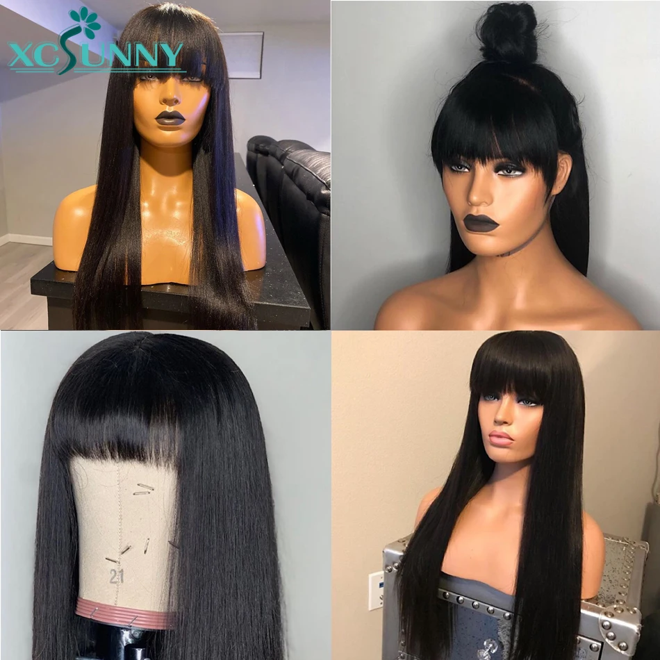 Прямые передние парики из человеческих волос на сетке с челкой 13x4 передний парик