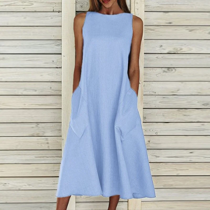 

Summer Women Long Dress Solid Sleeveless Pocket Bohemian Dress Women Casual Loose Plus Size Dresses For Women Party Wear
