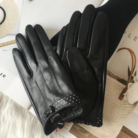 real leather gloves female warm driving non slip butterfly knot sheepskin gloves thin touchscreen women l18015nn
