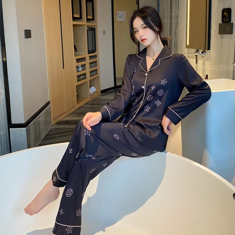 

Ice Silk Pajamas Women's Two-Piece Homewear Suit Outer Wear Minimalist Thin Imitated Silk Pajamas Women Bedroom Set