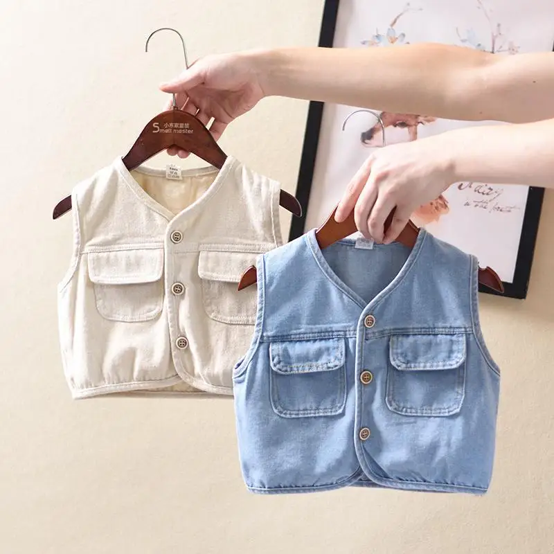 

2021 New Spring Autumn Winter Girls Kids Denim Pocket Vest Comfortable Cute Baby Clothes Children Clothing
