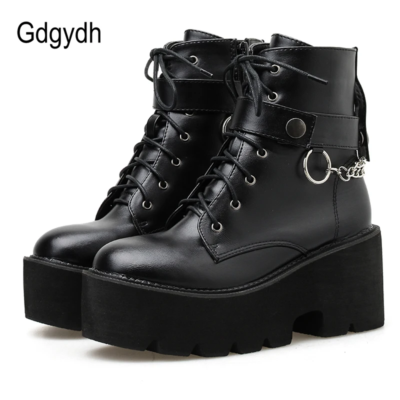 

Gdgydh New Sexy Chain Women Leather Autumn Boots Block Heel Gothic Black Punk Style Platform Shoes Female Footwear High Quality