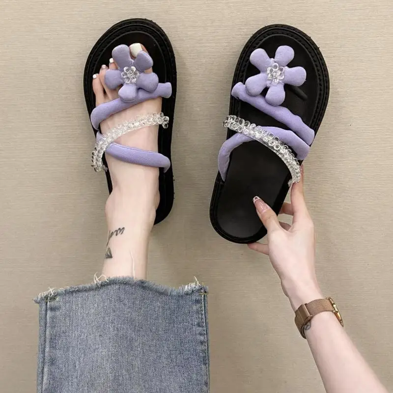 2021 New Summer Women Air Flower Dewdrop Slippers Flat Bottom Open Toe Slippers Female Casual Thick Sole Outdoor Beach Slides