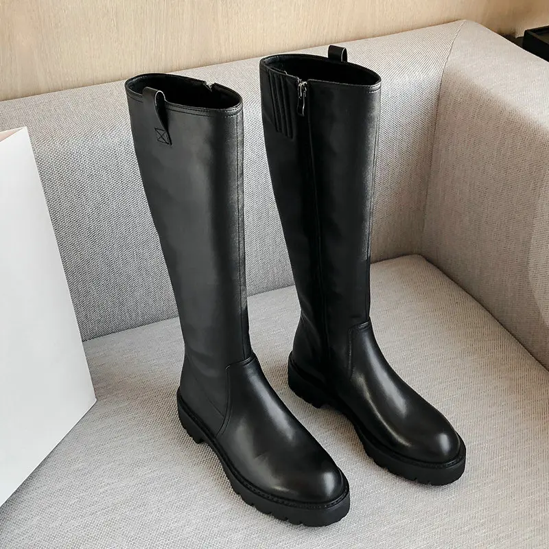 

Women Fashion Round Toe Genuine Leather Knee High Boots Night Club Shoes Woman Square Heels Female Long Riding Boots
