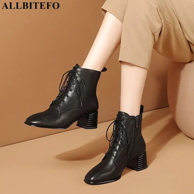 

Женские ботильоны на толстом каблуке ALLBITEFO, натуральная кожа, квадратный носок, брендовая зимняя обувь на высоком каблуке