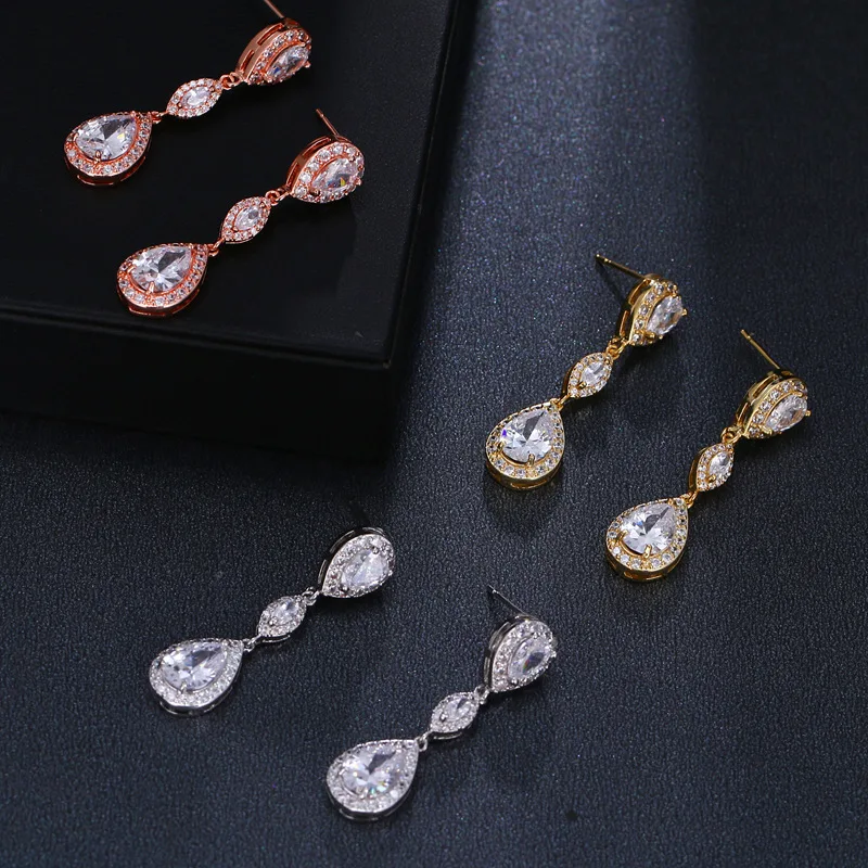 

SLBRIDAL Trendy Bijoux Anti-allergic Girl Fashion Cubic Zircon Earring Water CZ Drop Earring Women Dangle Bridal Wedding Earring