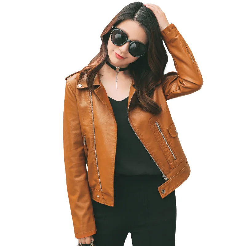 Куртка женская демисезонная из искусственной кожи с длинным рукавом|Кожаные