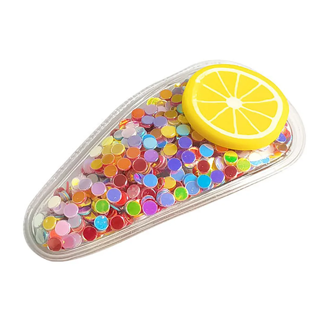 5PCS Girls Colorful Quicksand Transparent Fruit Pattern Snap Hair Clip Fashion Cartoon Confetti Pin Barrette |