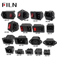 iec320 c14 electrical ac socket 3 pin red led 250v rocker switch 10a fuse female male inlet plug connector 2 pin socket mount