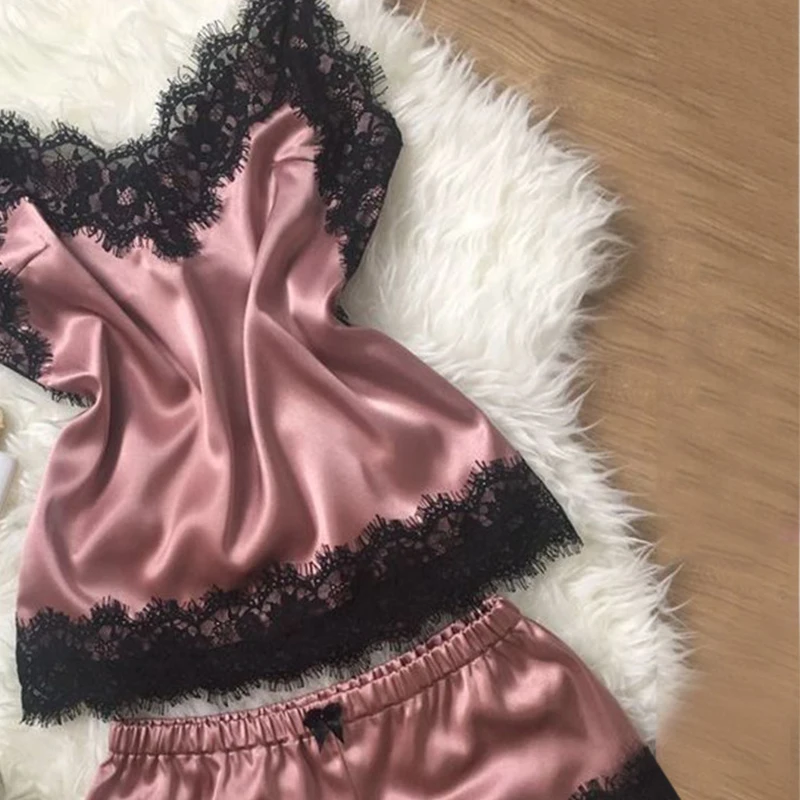 Women Summer Pajama Set Sexy Sleeveless Adjustable Straps Tops And Soft Sleep Shorts Comfortable Lace Satin Silk Sleepwear | Женская