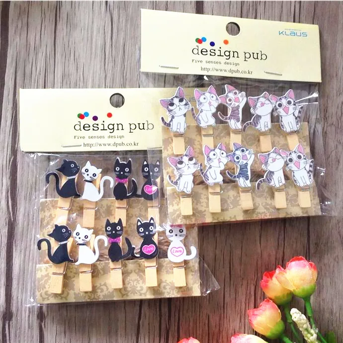 

10pcs Kawaii Cat Wooden Paper Clips with Hemp Rope Photo Picture Hanging Decoration Mterial Oficina Supplies