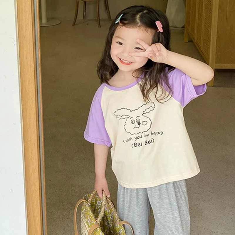 

T-Shirt Rabbit Print Short Sleeve Cute Children Girl Summer Cartoon Cotton Top Kid Clothing FoR Girl