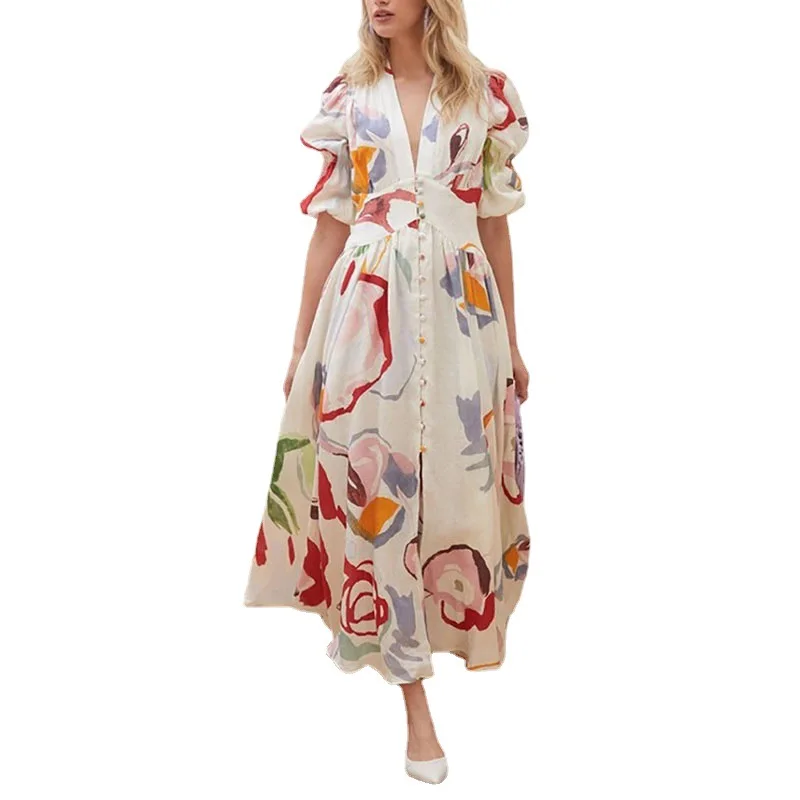 

Women Fashion Casual Chiffon Floral Printing Short Sleeve V-neck Party Dress Kleider Damen Женское Платье Vestido De Muje