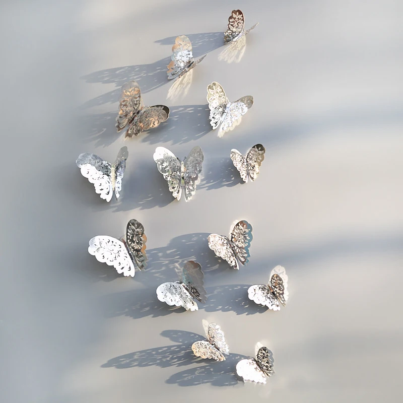 12 шт./компл. 3D наклейки на стену бабочка полые бумага 3 размера Серебро Золото для
