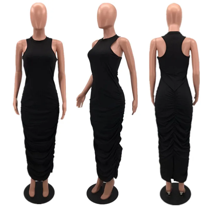 

Echoine Sleeveless Skinny Pleated Stacked ruched Split Midi Long Dress Bodycon Fitness Vintage Elegant Dresses Summer Vestidos
