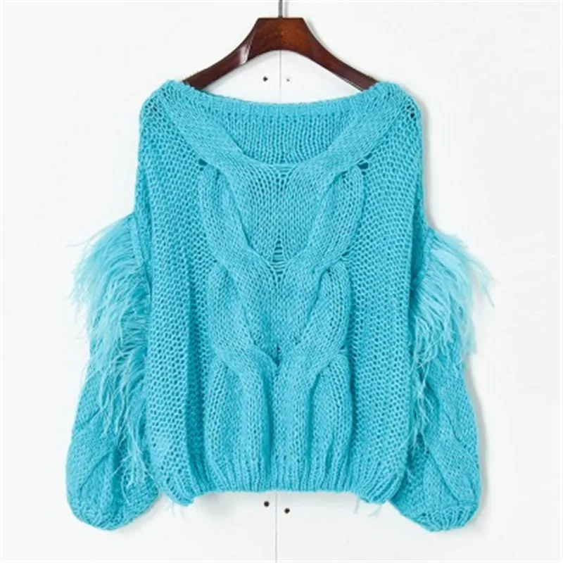 

SAYTHEN 2021 New Loose Solid Color Feather Lantern Sleeves Korean Version Of Wild Knitted Pullover Women