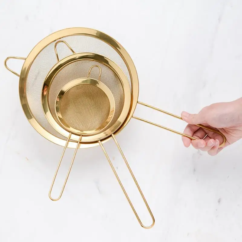 

Nordic Gold Sugar Powder Flour Sieve Exquisit 304 Stainless Steel Fine Mesh Filter Water Soup Strainers Colanders Baking Tools