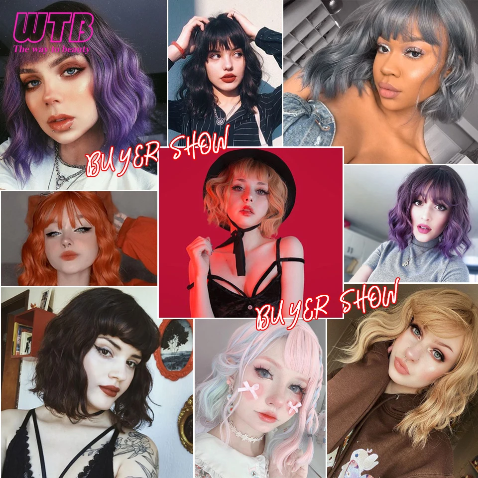 WTB Synthetic Short Water Wave Lolita Wigs for Women Blue Pink Mixed Ombre Wig with Bangs Heat Resistant Cute Cosplay False Hair
