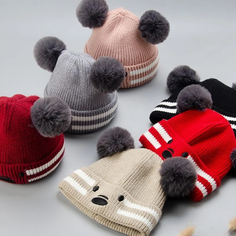 Baby Beanies Double Ball Wool Cartoon Pompom Hat Children Winter Knitted Hats Cute Cap for Girls Boys Thick Kids Beanies
