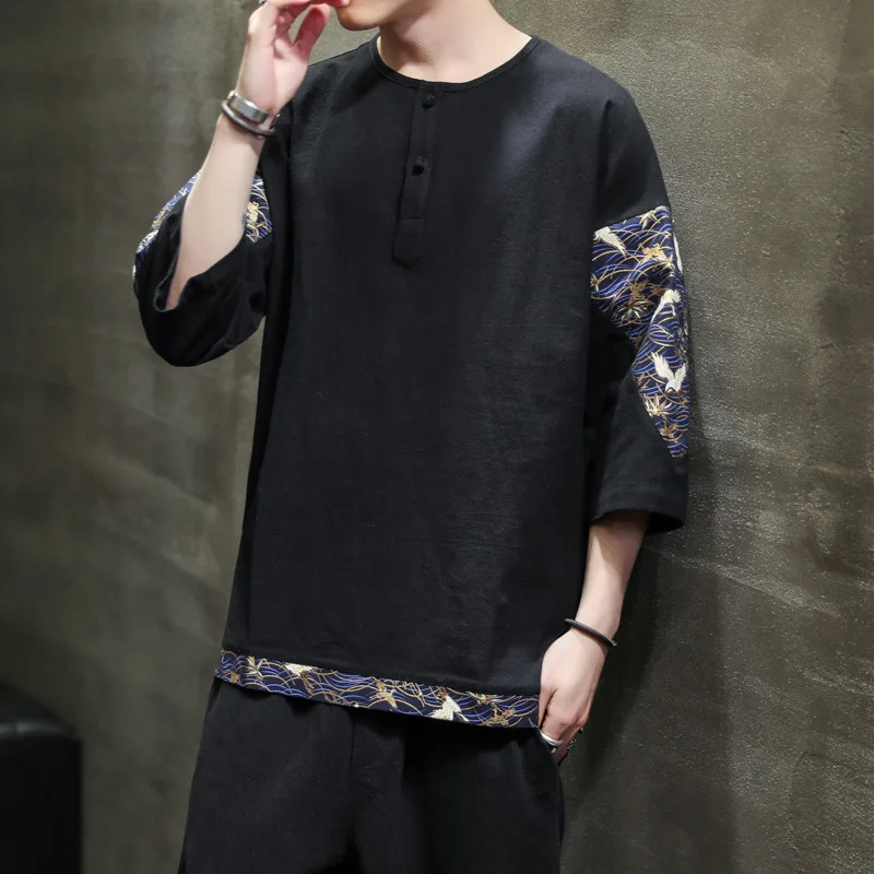 Мужская Летняя свободная футболка в китайском стиле с коротким рукавом |