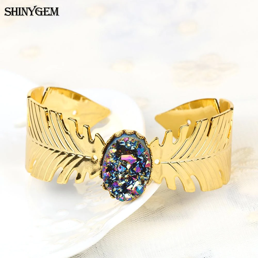 ShinyGem Красочные Овальные браслеты из драгоценных камней с золотыми перьями