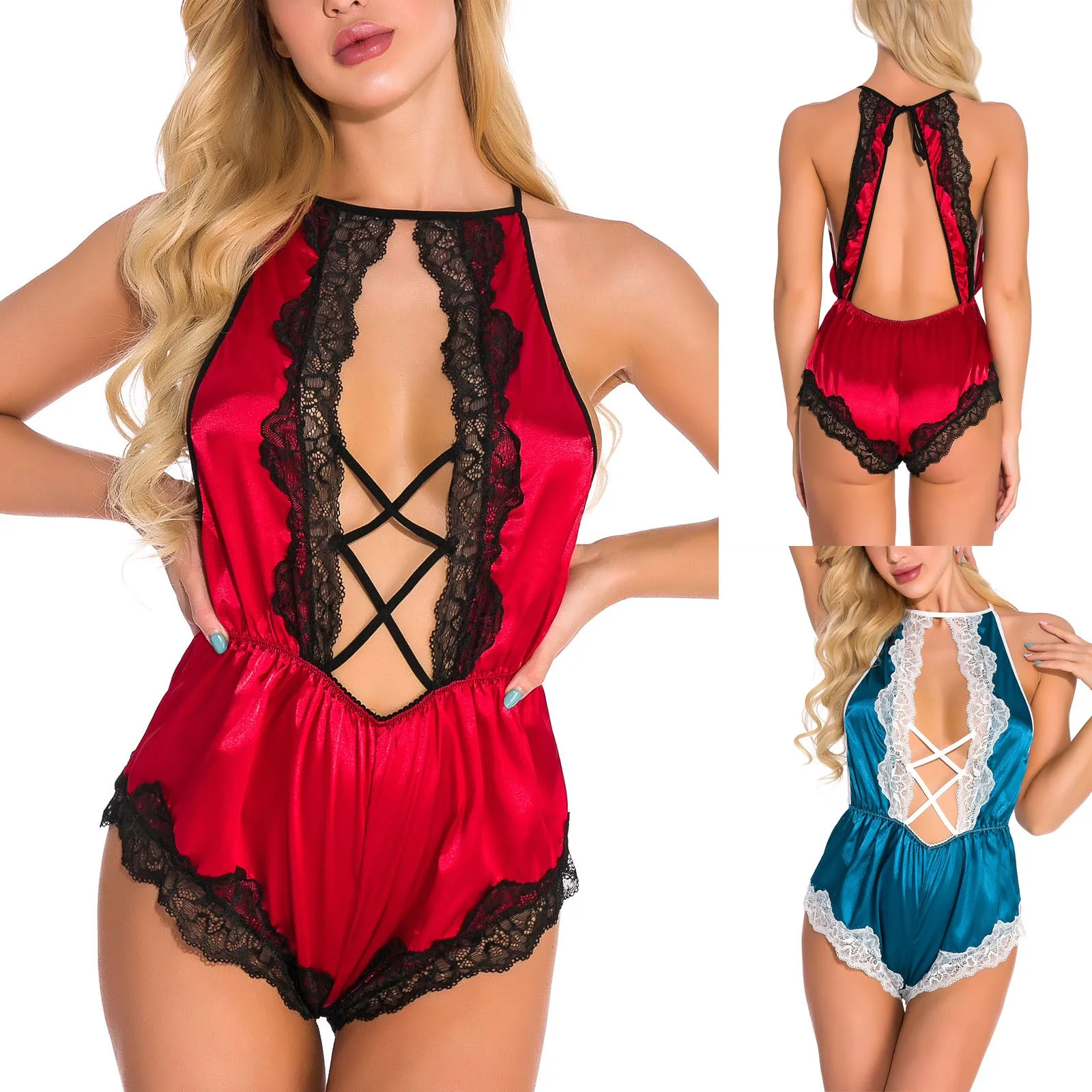 

Женское боди 2021, соблазнительное кружевное нижнее белье с бретелькой через шею, ажурное прозрачное ночное белье, пижама с открытой спиной