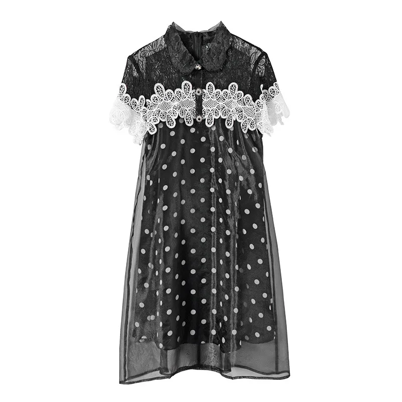 

2020 Summer Brand Designer Dress Woman Short Sleeve Embroidered Lace Patchwork Black Dress Ladies Print Polka Dot Dressed Women