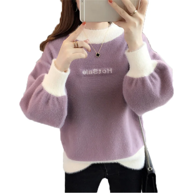 

Бархатный пуловер из искусственной норки, вязаный свитер для женщин, Осень-зима 2021, новая мода, полувысокий воротник, свободный свитер цвета...