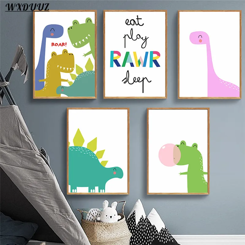 

Nordic Animal Dinosaur Family Cartoon Poster Quality Canvas Painting Art Home Decor Nursery Kids Room Living Wall Decor Picture